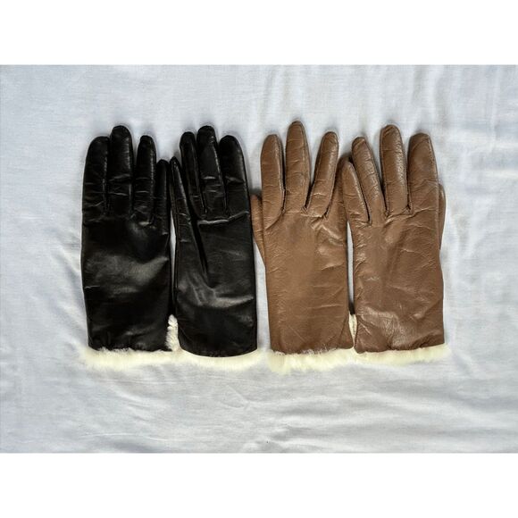 Faux Leather Fur Lined Glove Set of Two, Black/ Brown, Size Small, Women's - Picture 2 of 5